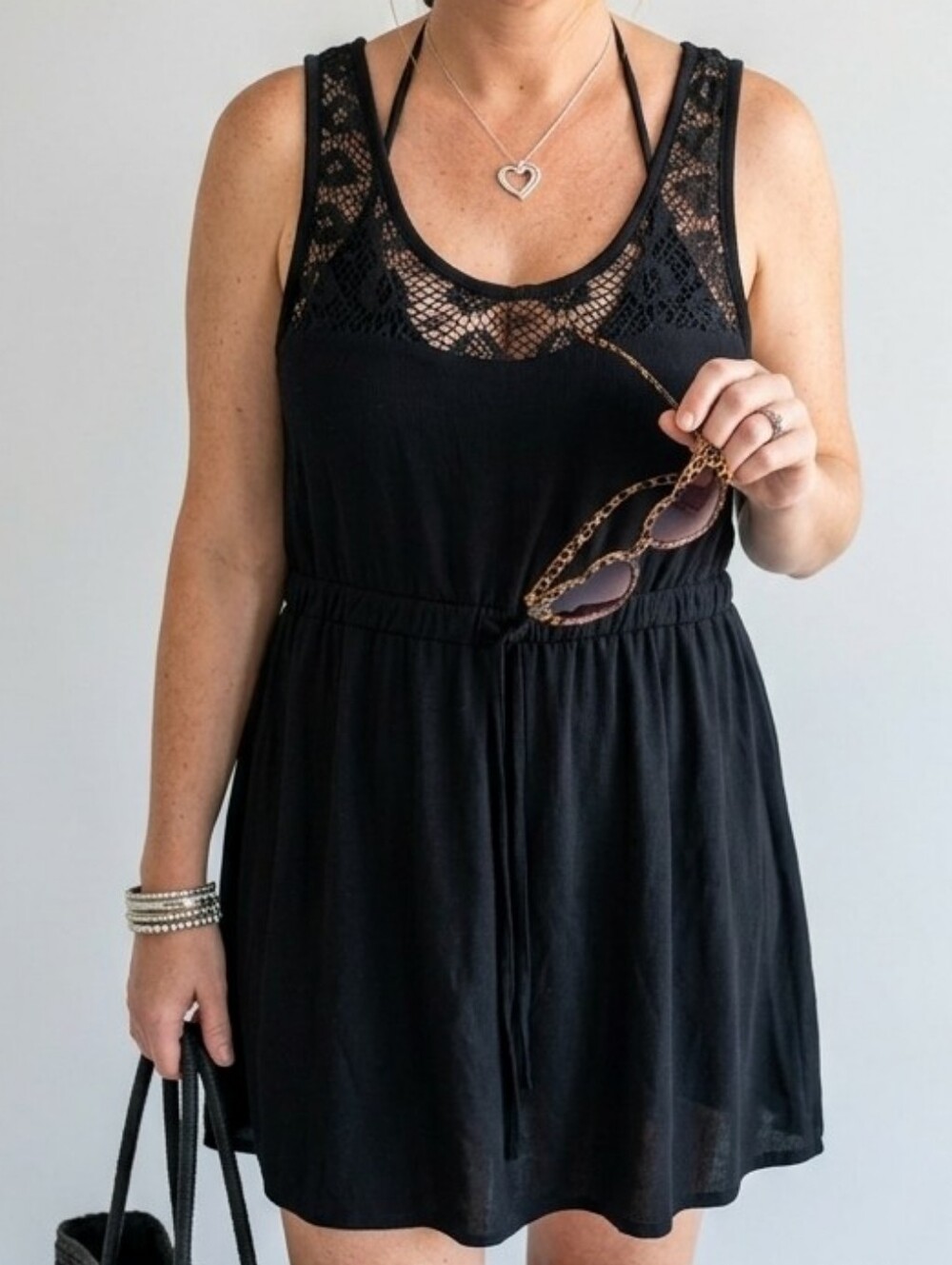 Pacific Beach Elegant Black Lace Top Swim Coverup w/Tie Up Detail Dress